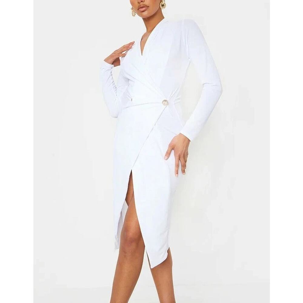 White Long Sleeve Wrap Midi Dress Bodycon Blazer Gold Buttons‎ Dress Size US 4